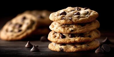 Chocolate chip cookies stacked on a rustic wooden surface in a dimly lit setting photo
