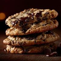 Freshly baked chocolate chip cookies stacked on a wooden surface at night photo