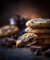 Warm chocolate chip cookies stacked with melted chocolate pieces on a wooden table photo