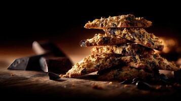 Crunchy chocolate cookies stacked on a wooden table with dark chocolate pieces photo