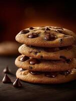 Delicious chocolate chip cookies stacked on a wooden table with a warm backdrop photo