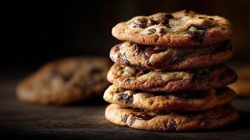 Freshly baked chocolate chip cookies stacked on a wooden table in warm light photo