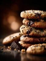Delicious stack of homemade chocolate chip cookies on a dark background photo
