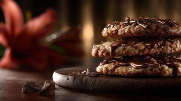 Deliciously baked cookies stacked on a wooden board with chocolate drizzle and flowers in the background photo