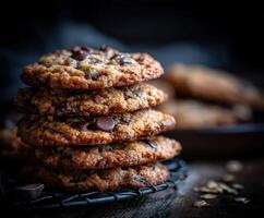Delicious homemade chocolate chip cookies stacked on a cooling rack photo