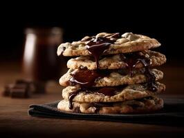 Delicious stacked cookies with melted chocolate on a dark table photo