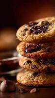Chocolate chip cookies stacked on a wooden table with warm lighting photo