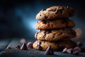Delicious chocolate chip cookies stacked on a wooden table with chocolate pieces photo