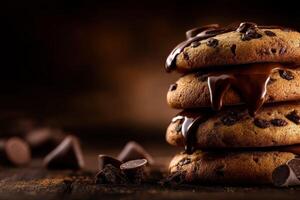Delicious stack of warm chocolate chip cookies with melted chocolate drizzle photo