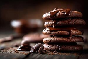 Delicious homemade chocolate cookies stacked on a wooden table at twilight photo