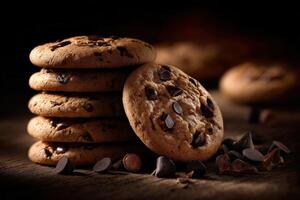 Delicious chocolate chip cookies stacked on a wooden table under soft lighting photo