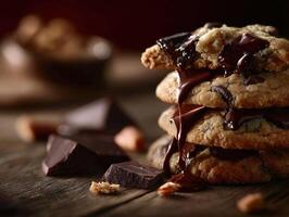Deliciously gooey chocolate chip cookies stacked on a rustic wooden table photo