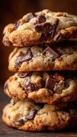 Delicious homemade chocolate chip cookies stacked on a wooden surface in warm lighting photo