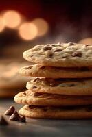 Indulgent chocolate chip cookies stacked high, perfect for dessert cravings photo