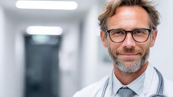 Smiling healthcare professional in a modern hospital corridor during daytime photo