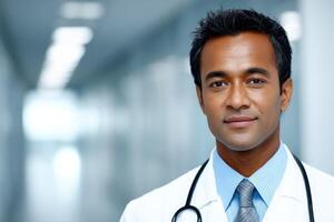 Confident doctor in professional attire smiling in a modern hospital corridor photo