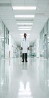 Medical professional stands confidently in an empty hospital corridor photo