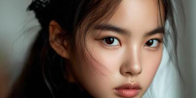 Captivating close-up portrait of a young woman with striking features photo