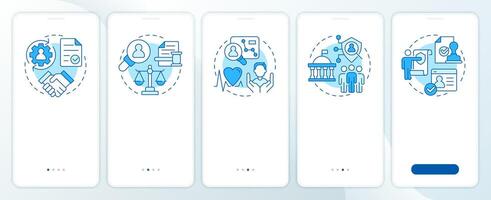 Legal bases blue onboarding mobile app screen. Processing personal data. Walkthrough 5 steps editable graphic instructions with linear concepts. UI, UX, GUI vector