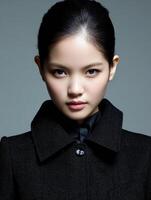 Model poses elegantly in a dark coat against a neutral background photo
