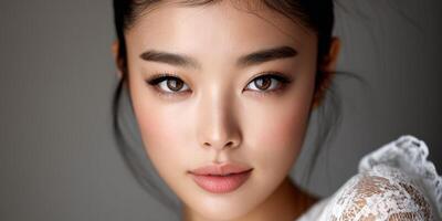 Close-up portrait of a young woman with striking features and soft lighting photo