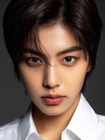 Young adult with striking features poses in a white shirt against a dark background photo