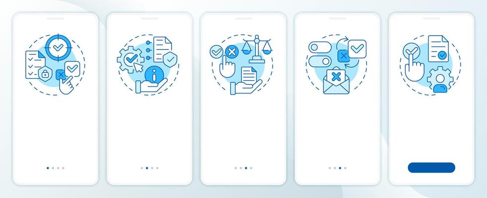GDPR consent principles blue onboarding mobile app screen. Privacy. Walkthrough 5 steps editable graphic instructions with linear concepts. UI, UX, GUI