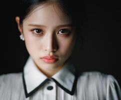 Portrait of a young woman in a stylish outfit with a serious expression photo