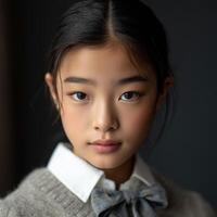 Young girl in sweater and bow tie with soft expression in indoor setting photo