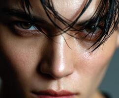 Intense close-up of a person with striking eyes and styled hair in a dim background photo
