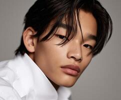Young man poses with confidence in a stylish outfit while showcasing his expression photo