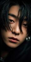 Close-up portrait of a young man with long hair and intense gaze in low light photo