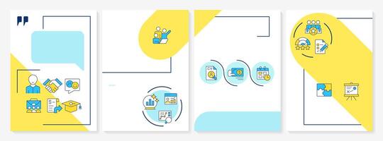Workforce analytics blue and yellow brochure layout. HR management strategy. Employees data. Leaflet advertising design with color line icons. Editable 4 pages vector