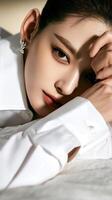 Close-up of a person resting on a surface with striking makeup and elegant style photo