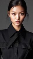 Fashion model poses in elegant black attire with a serious expression photo