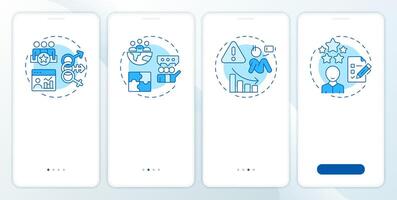 Workforce insights blue onboarding mobile app screen. HR analytics. Walkthrough 4 steps editable graphic instructions with linear concepts. UI, UX, GUI vector