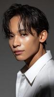 Young man poses confidently with stylish expression against simple background photo