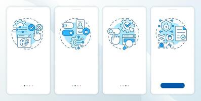 Examples of consent management blue onboarding mobile app screen. Walkthrough 4 steps editable graphic instructions with linear concepts. UI, UX, GUI vector