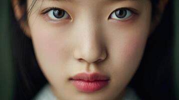 Intense gaze of a young girl with striking features in soft lighting photo