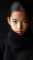 Confident child in black turtleneck sweater with striking expression indoors photo