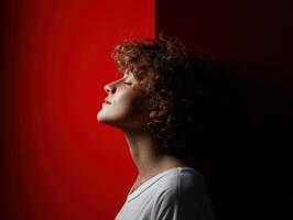 Profile of a young woman against a vibrant red wall in a serene moment photo