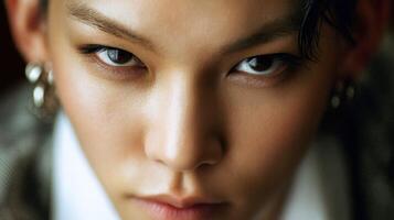 Close-up portrait of person with intense gaze in indoor setting photo