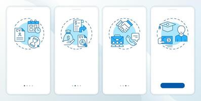 Hiring metrics blue onboarding mobile app screen. Employment analytics. Walkthrough 4 steps editable graphic instructions with linear concepts. UI, UX, GUI vector