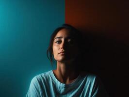 Woman with contemplative expression against contrasting colored wall backdrop photo
