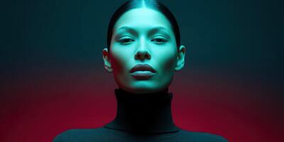 Striking portrait of a woman against a contrasting neon background photo