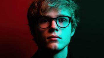 Young man with glasses in vibrant lighting showcasing deep expression photo