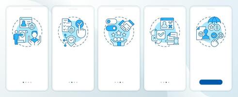 Benefits of consent management blue onboarding mobile app screen. Walkthrough 5 steps editable graphic instructions with linear concepts. UI, UX, GUI vector