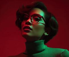 Portrait of a woman with glasses in dramatic lighting against a red background photo