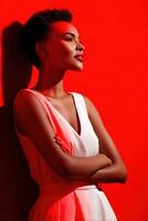 Portrait of a confident woman against a vibrant red background photo