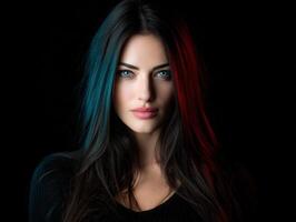 Striking portrait of a woman with blue and red lighting in a dark setting photo